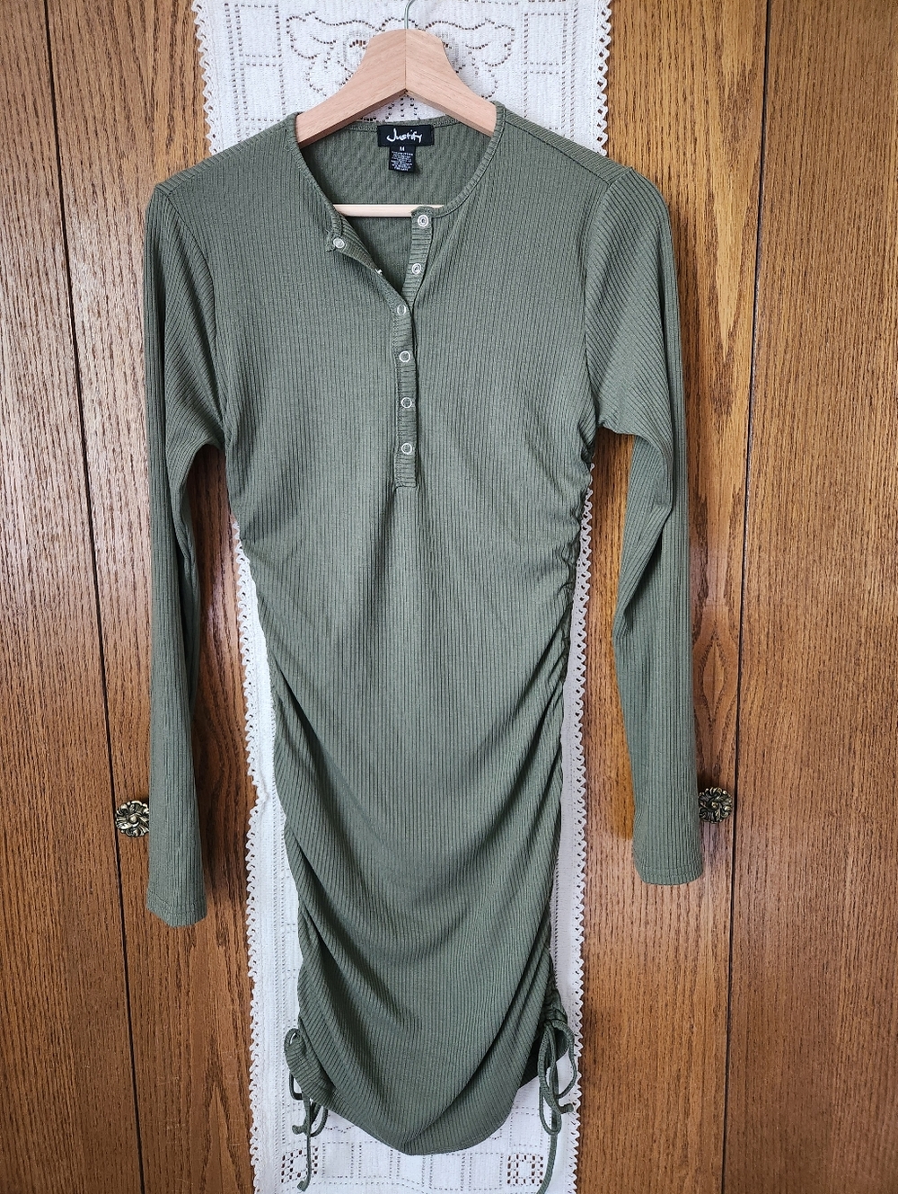 Justify Olive Ribbed Long Sleeve Henley Midi Dress with Side Ruching